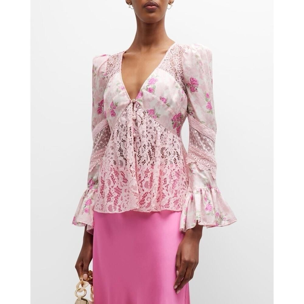 NWT LoveShackFancy Priema Silk Lace Floral Top Pink Bell Sleeve Blouse Size S